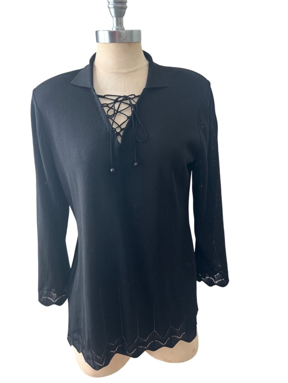 Exclusively Misook Black Lace-Up Knit Top Small Scalloped Hem Small